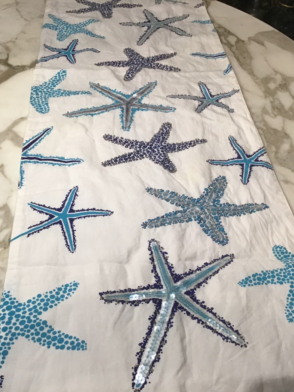 Kim Seybert -Living Table Runner. Sea Shore Starfish Navy Blue , Teal 70’ x14’
